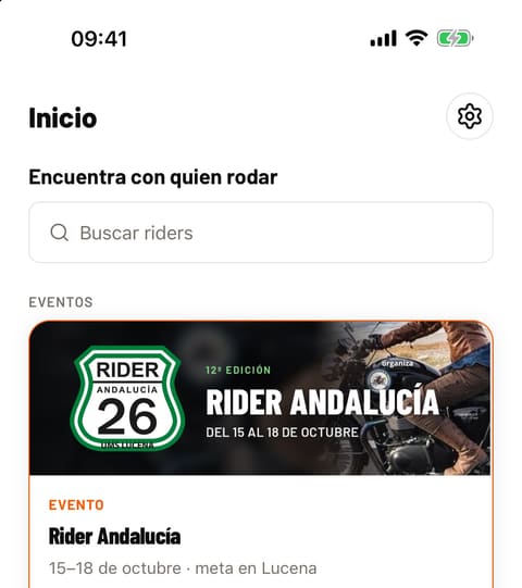 Captura de la app: Inicio, con el evento Rider Andalucía en la sección Eventos