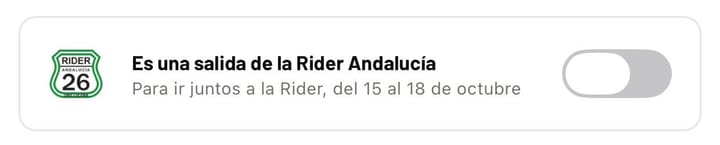 Captura de la app: en «Crear salida», el interruptor «Es una salida de la Rider Andalucía»