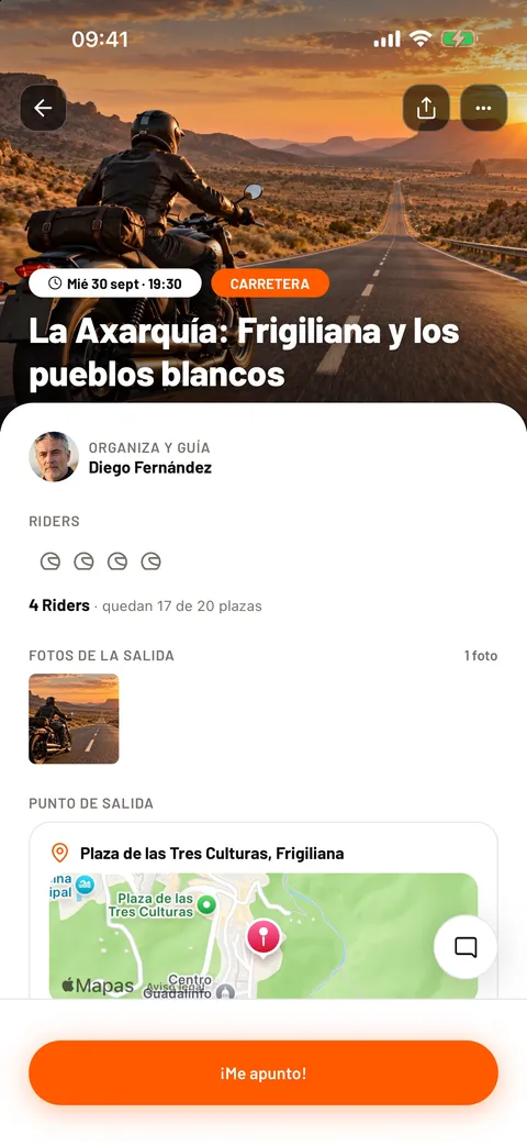 Captura de la app: la ficha de una salida, con el botón «¡Me apunto!»