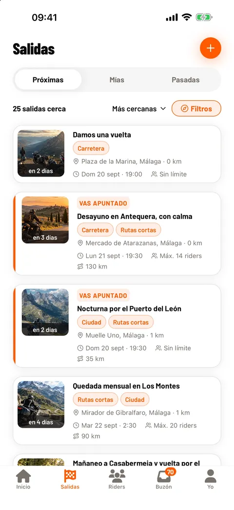 Captura de la app: la lista de salidas próximas, ordenadas por cercanía